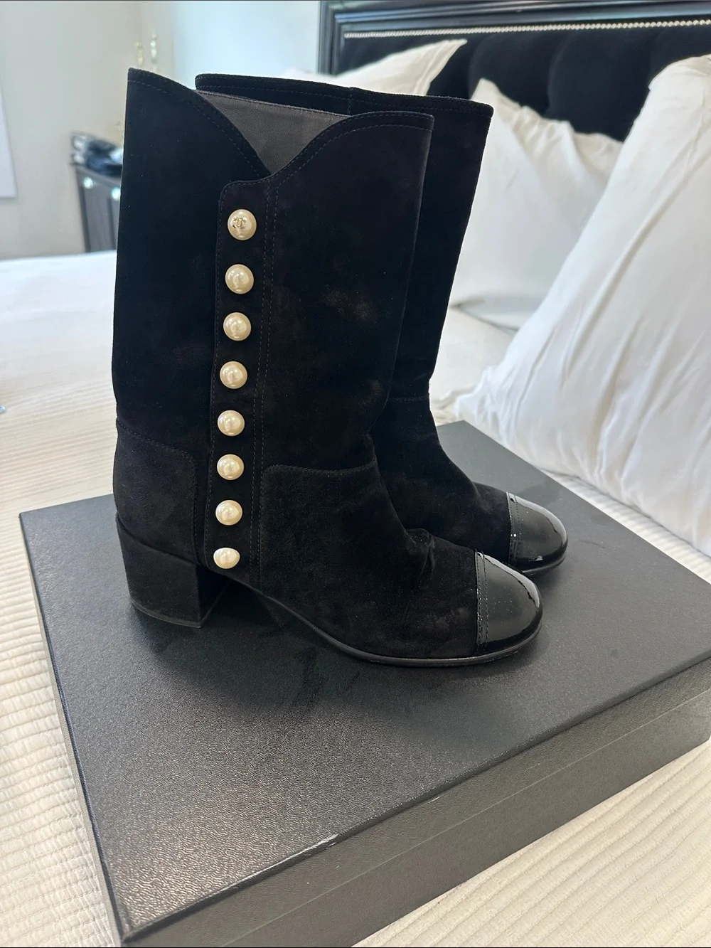CHANEL Black Suede Mid-Calf Boots with Pearl Button Trim